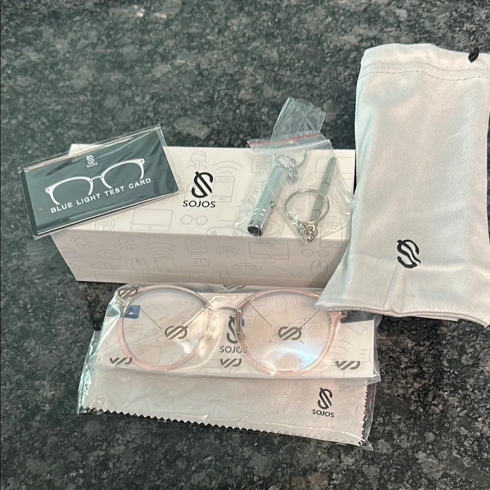 Sojos Anti Blue Light Glasses Light Pink Round Frame Carry Case & More NIB NWT